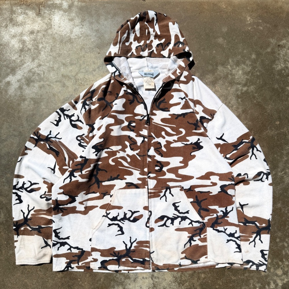 Vintage Muleskins Camo Hoodie Mens XL Brown White Desert Camouflage Full Zip USA